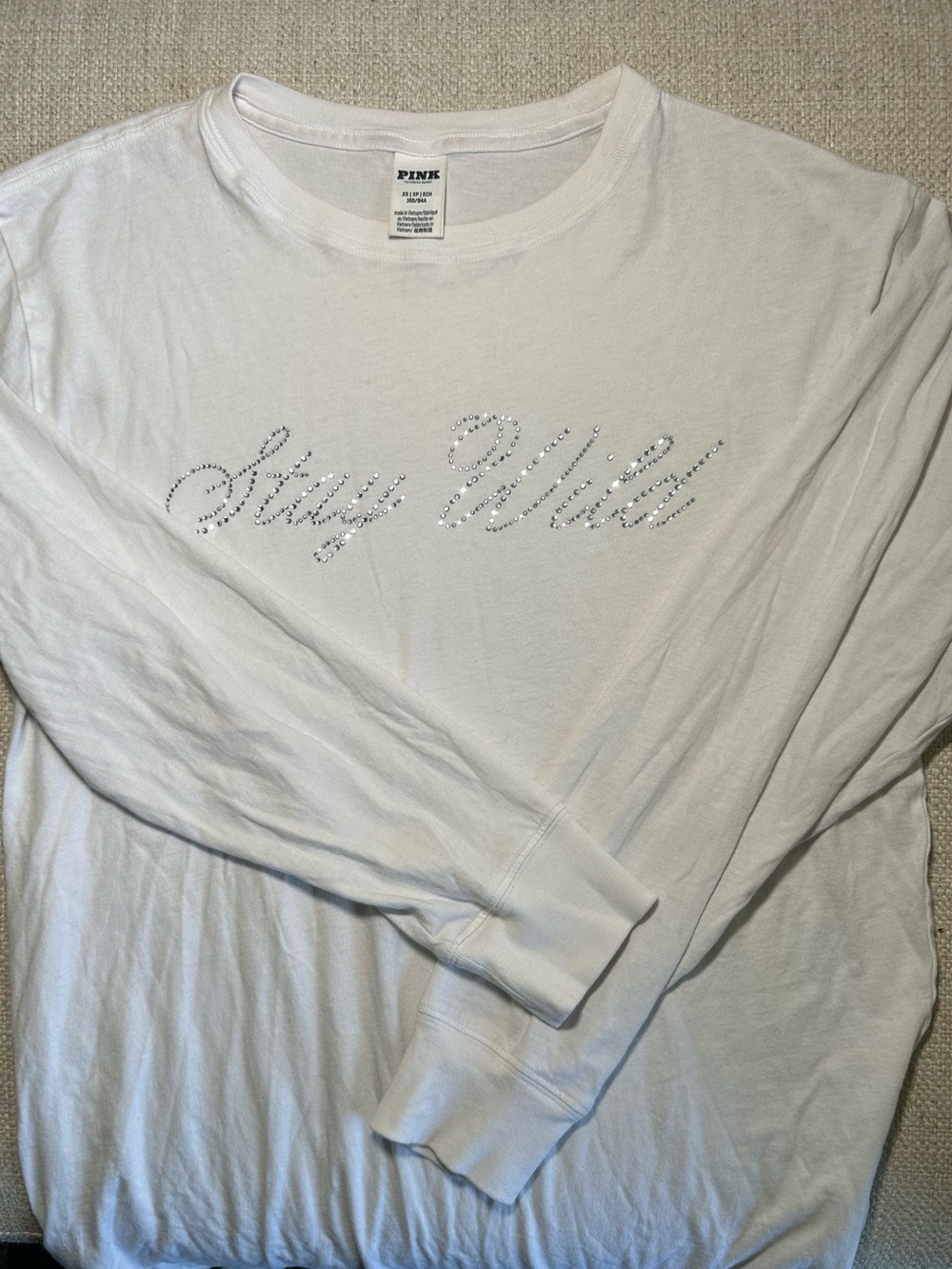 PINK White Long Sleeve Tee with Rhinestone Script